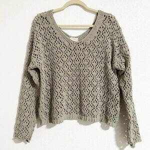 Open Knit V-Neck Sweater - Taupe